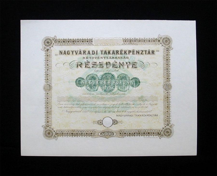 Nagyváradi Takarékpénztár részvény 4000 korona 1910 (ROU)